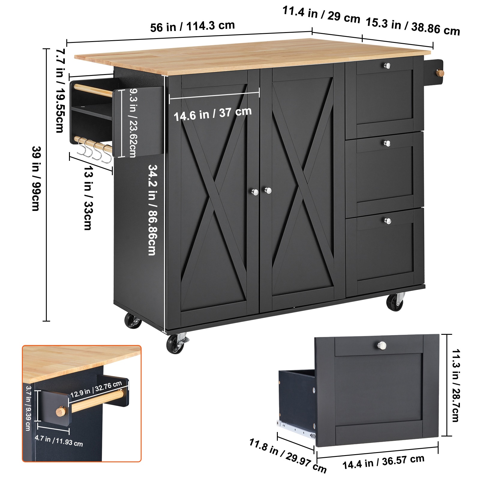 Kitchen Island Cart Rolling Storage Cabinet On Wheel With Drawer & Shelves_voghion.com